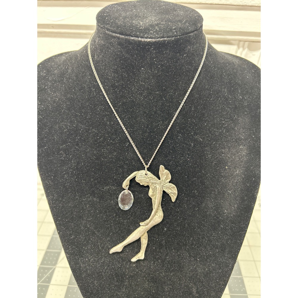 Fairy Necklace Silver Pewter Winged Pixie Crystal Pendant Medieval Folk Goth